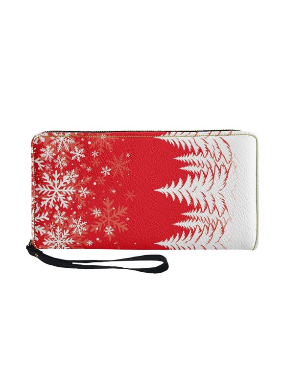Christmas Zipper Wallet with Snowflake Pine Tree Print, Clutch Purses Portable Womens Wallet Card Holder for Business and Travel