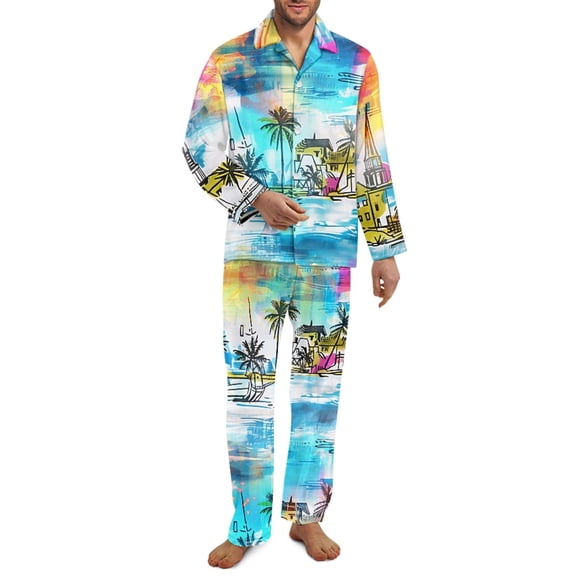 Yuyamidu Coconut Tree Button Pajama Set for Men 2 Pieces Seaside Pj Top Hawaii Sweatpants with Pockets Casual V Neck Loungewear Comfy Long Sleeve Sleepwear Size XS 2XL