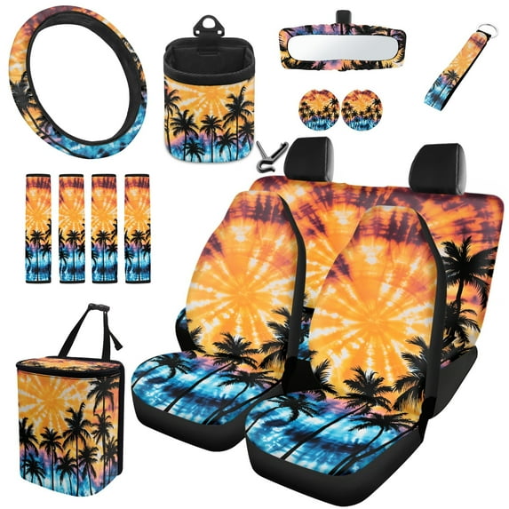 Yuyamidu Coconut Tree Car Seat Cover Full Set 15 Piece Whilpool Tie Dye Steering Wheel Cover Auto Seatbelt Pads Cup Coasters Trash Can Air Vent Holder Rear View Mirror Cover Keychain Wristlet Strap