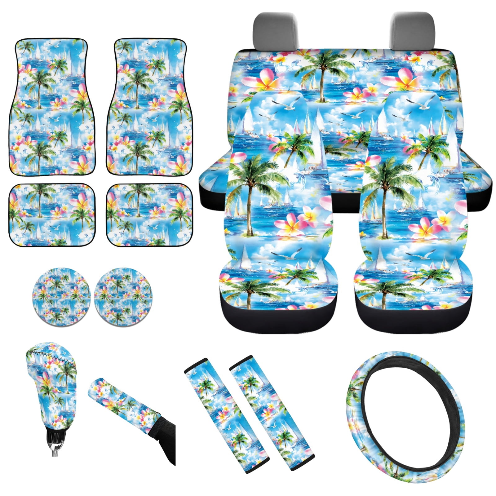 Yuyamidu Coconut Tree Car Seat Cover Full Set Seaside Car Floor Mats Steering Wheel Cover Seat Belt Pad Cover Coasters Handbrake Cover Set Blue Car Decor, 15 Pack