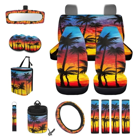 Yuyamidu Coconut Tree Car Seat Cover Split Covers Sunset Car Steering Wheel Cover Seat Belt Pads Trash Bin Mount Outlet Storage Box Rearview Mirror Cover Cup Holder Wrist Key Chain 15 PCS