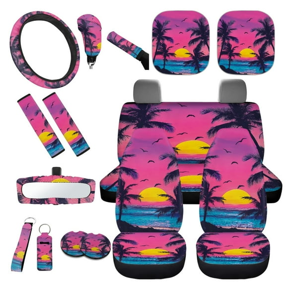 Yuyamidu Coconut Tree Car Seat Covers Set of 16 Seaside Car Window Shade Steering Wheel Cover Handbrake Cover Gear Shift Knob Cover Seat Belt Covers Rear View Mirror Cover Coasters Key Chain