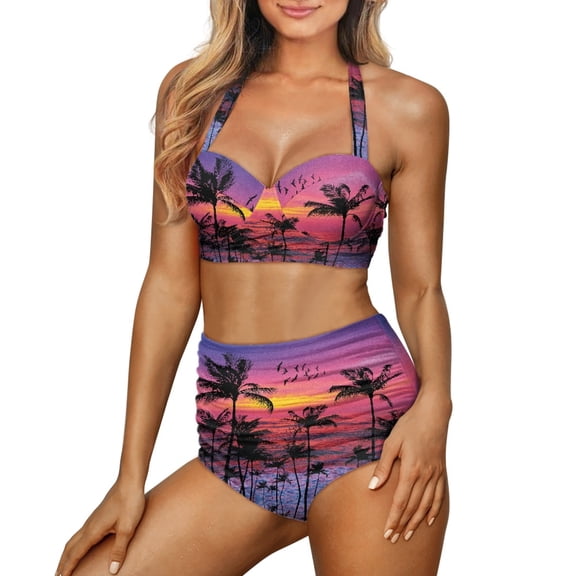 Yuyamidu Coconut Tree Sunset Women Bathing Suits Fashion V Neck Halter Bikinis Comfortable Halter Push Up Swimsuit 2 Pieces Novelty High Waist Swimming Suits, Size 2XL