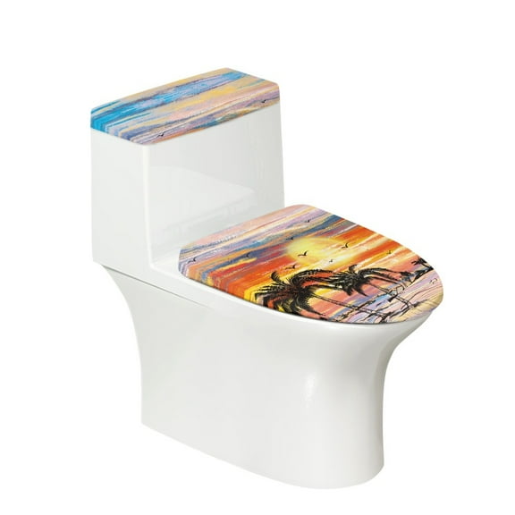 Yuyamidu Coconut Tree Toilet Seat Covers for Bathroom Decor Fit Most Round and Elongated Oval Sunset Toilet Lid Cushion and Tank Mat Anti-Slip Elastic Edge, Set of 2