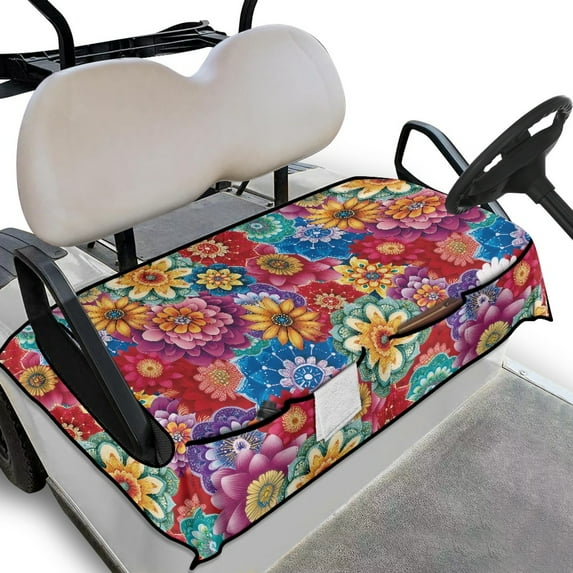 Yuyamidu Colorful Boho Flowers Golf Cart Seat Covers, Floral Club Car Seat Towel Blanket with Pockets, Fits Club Car More 2 Person Seats Golf Carts