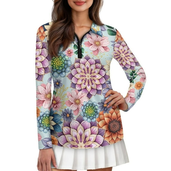 Yuyamidu Colorful Boho Flowers Long Sleeve Golf Shirts for Woman Floral Athletic Tennis Shirts Soft Quarter Zip Golf Clothes Workout Tops Size M