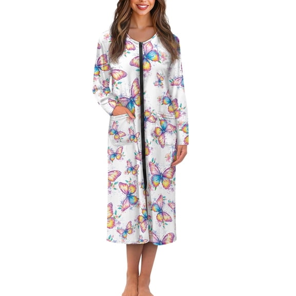 Yuyamidu Colorful Butterfly Zipper Robes for Women with Pockets Women's Soft Nightgowns Long Sleeve Crewneck Loose Mid-Calf Length Bathrobes Zipper Front Housecoat Size M