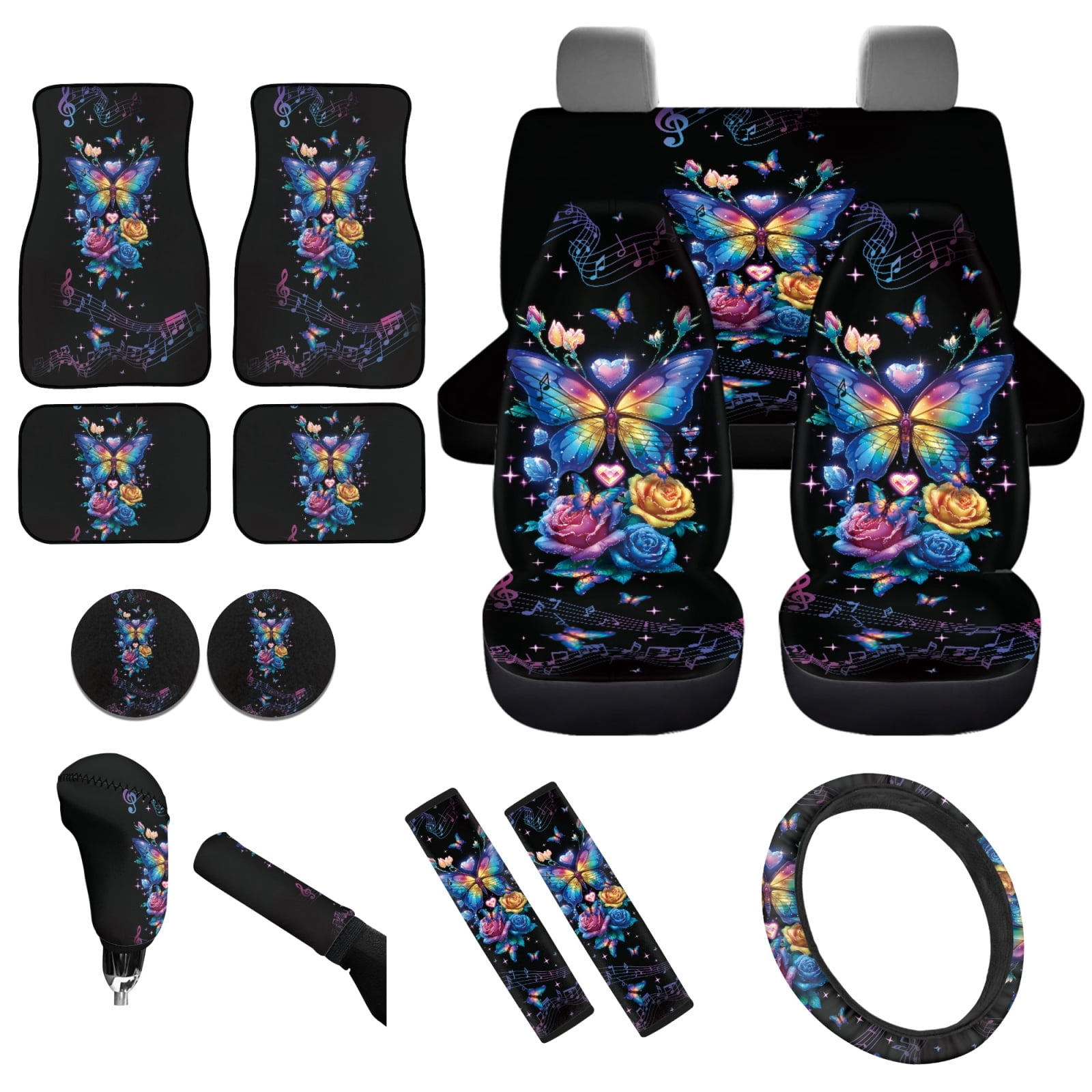 Yuyamidu Colorful Car Seat Cover Full Set of 15 Butterfly Rose Auto Carpet Mats Steering Wheel Cover Seat Belt Covers Car Handbrake Cover Set Coasters