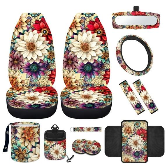 Yuyamidu Colorful Dahlia Car Front Seat Cover Set of 12 Boho Steering Wheel Cover Seat Belt Covers Trash Can Armrest Cover Rear View Mirror Cover Coasters Keychain Air Vent Pouch for Women