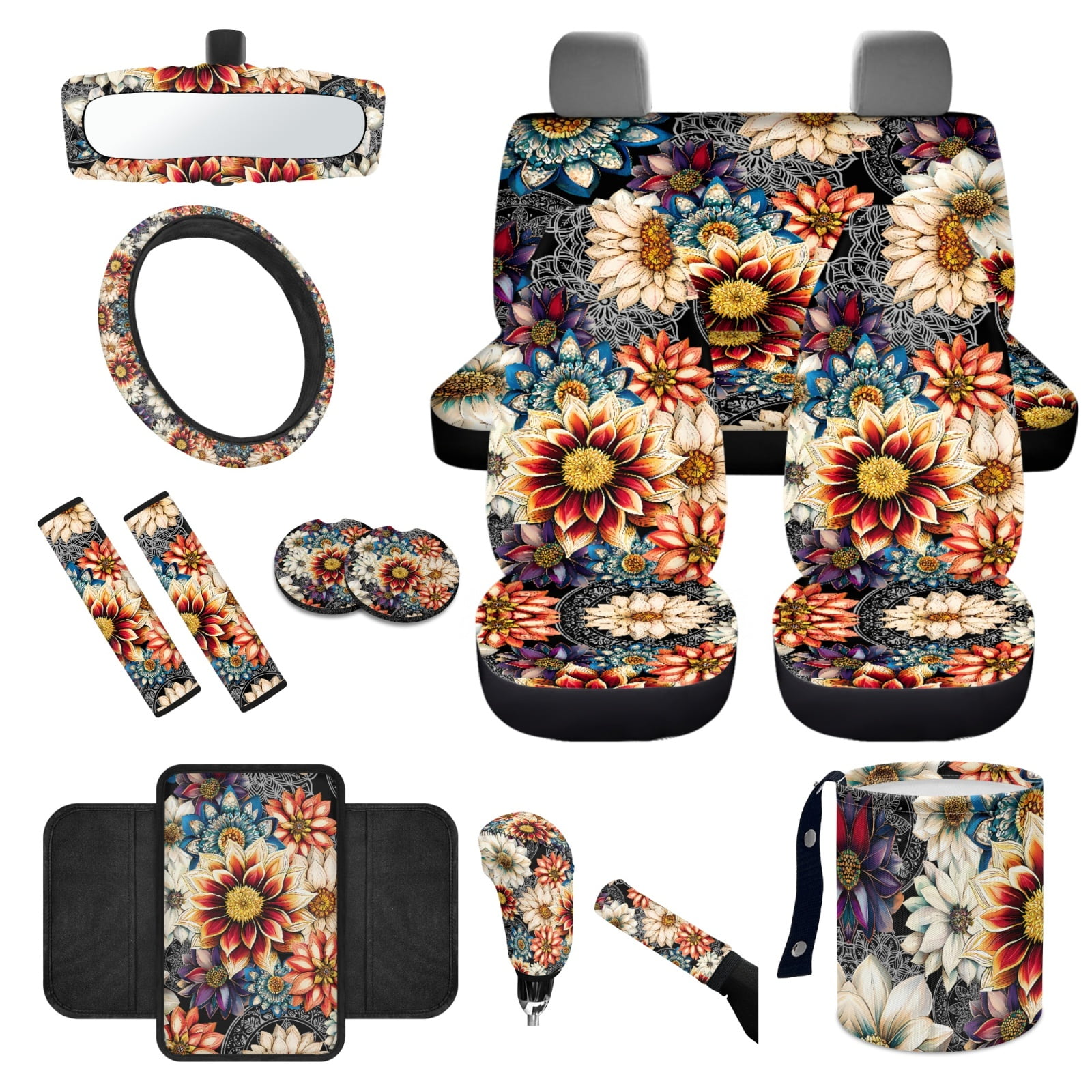 Yuyamidu Colorful Dahlia Car Seat Covers with Auto Streering Wheel Cover Center Console Pad Cover Seat Belt Cover Shift Knob Cover Handbrake Cover Coasters for Most Van SUV Sedan Auto Accessories