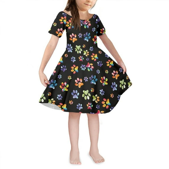 Yuyamidu Colorful Dog Paw Crew Neck Skater Dress for Toddler Girls Short Sleeve Dress One-Shoulder Midi Dress Self Cultivation Kids Basic Skater Dress Size 7-8