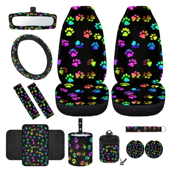 Yuyamidu Colorful Dog Paw Front Car Seat Cover Set with Steering Wheel Cover Cute Seat Belt Armrest Covers Cup Holders Trash Bag Air Vent Pocket Rear View Mirror Protector Keychain, 12 Pack