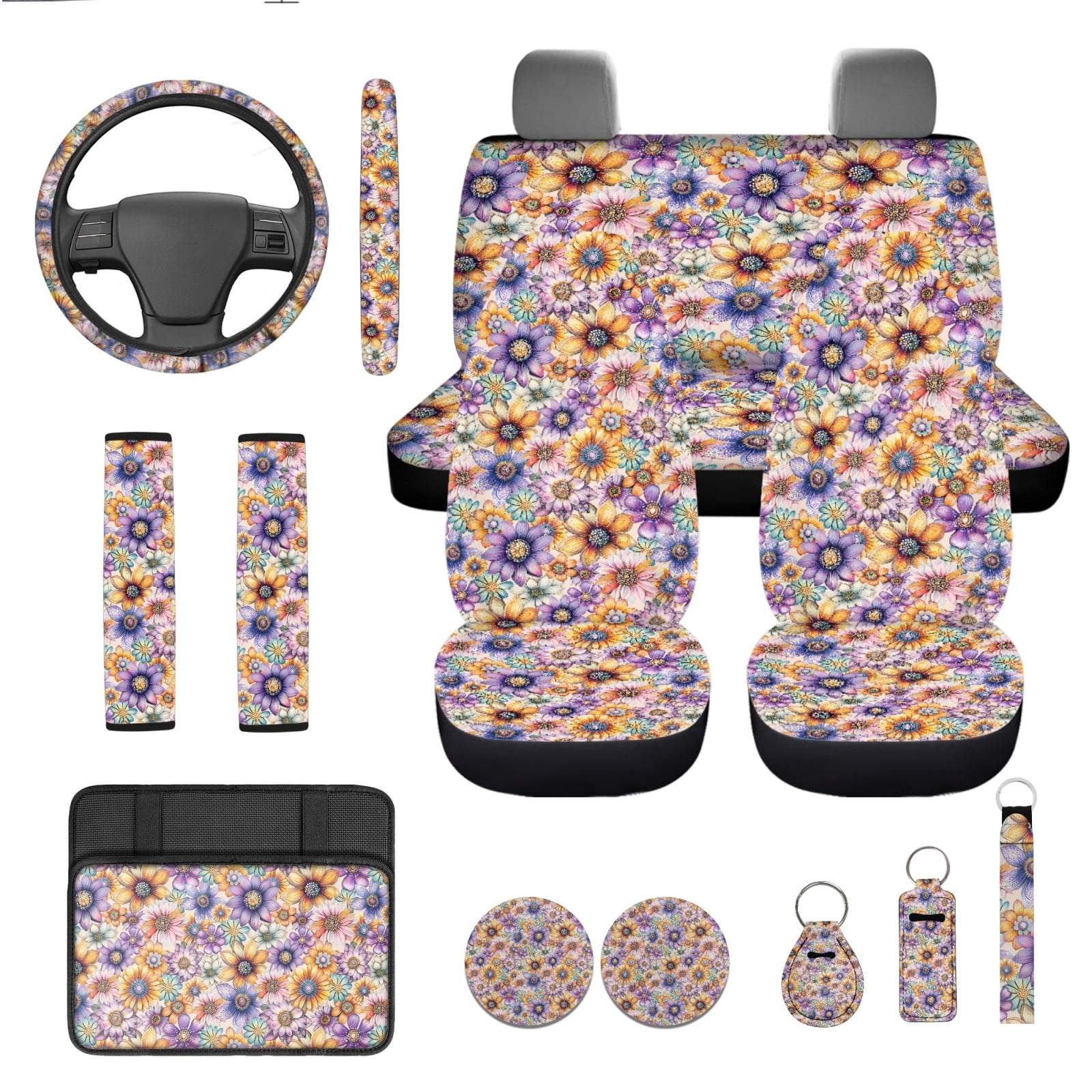 Yuyamidu Colorful Floral Car Seat Cover Full Set with Steering Wheel Cover Seat Belt Pads Armrest Cover Cushion Cup Holders Lip Gloss Holder Keychain for Most Vehicles Floral Auto Accessories