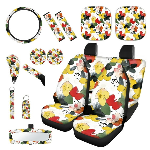 Yuyamidu Colorful Floral Car Seat Cover Set with Steering Wheel Cover Flower Seat Belt Covers Rearview Mirror Cover Cup Coasters Gear Shift Knob Cover Key Chain Sunshade for Car Accessories, 16 PCS