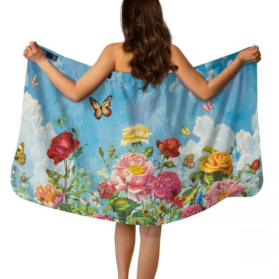 Yuyamidu Colorful Flower Bath Wrap Towels for Women Floral Towel Wrap for Sauna Spa, Blue Bath Towels for Adults Bathroom Body Towel Wrap with Pocket, Size XL