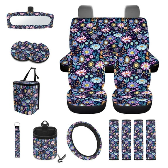 Yuyamidu Colorful Flower Car Seat Cover 15 PCS Auto Front Back Seat Cover Steering Wheel Cover Seat Belt Pads Trash Bin Mount Phone Holder Rearview Mirror Cover Cup Holder Wrist Key Chain