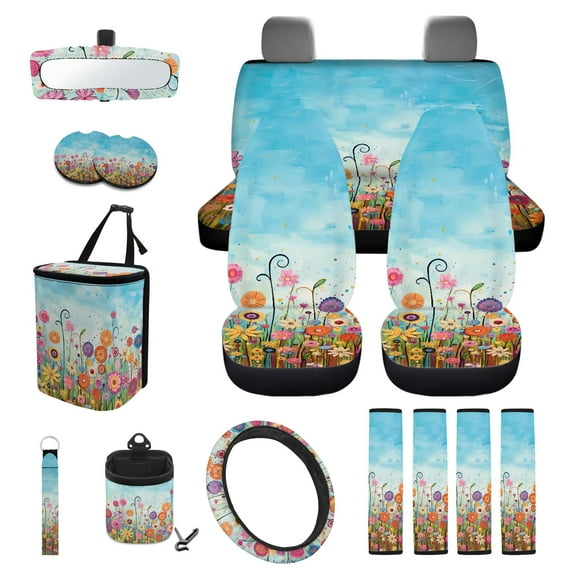 Yuyamidu Colorful Flower Car Seat Covers Full Set 15 Pack Auto Steering Wheel Cover Seat Belt Pads Coasters Trash Bin Hanging Storage Bag Cup Holders Rearview Mirror Cover Key Ring for Women
