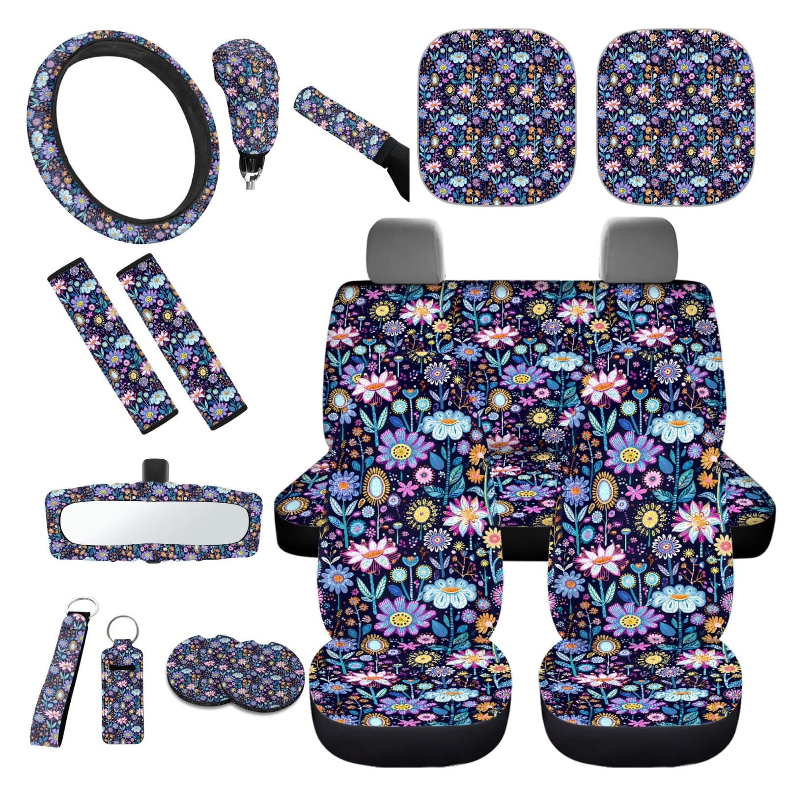 Yuyamidu Colorful Flower Car Seat Covers Full Set of 16 Car Windshield Sun Shade Gear Shift Cover Hand Brake Cover Steering Wheel Cover Seat Belt Pads Rearview Mirror Cover Cup Holders Keychain