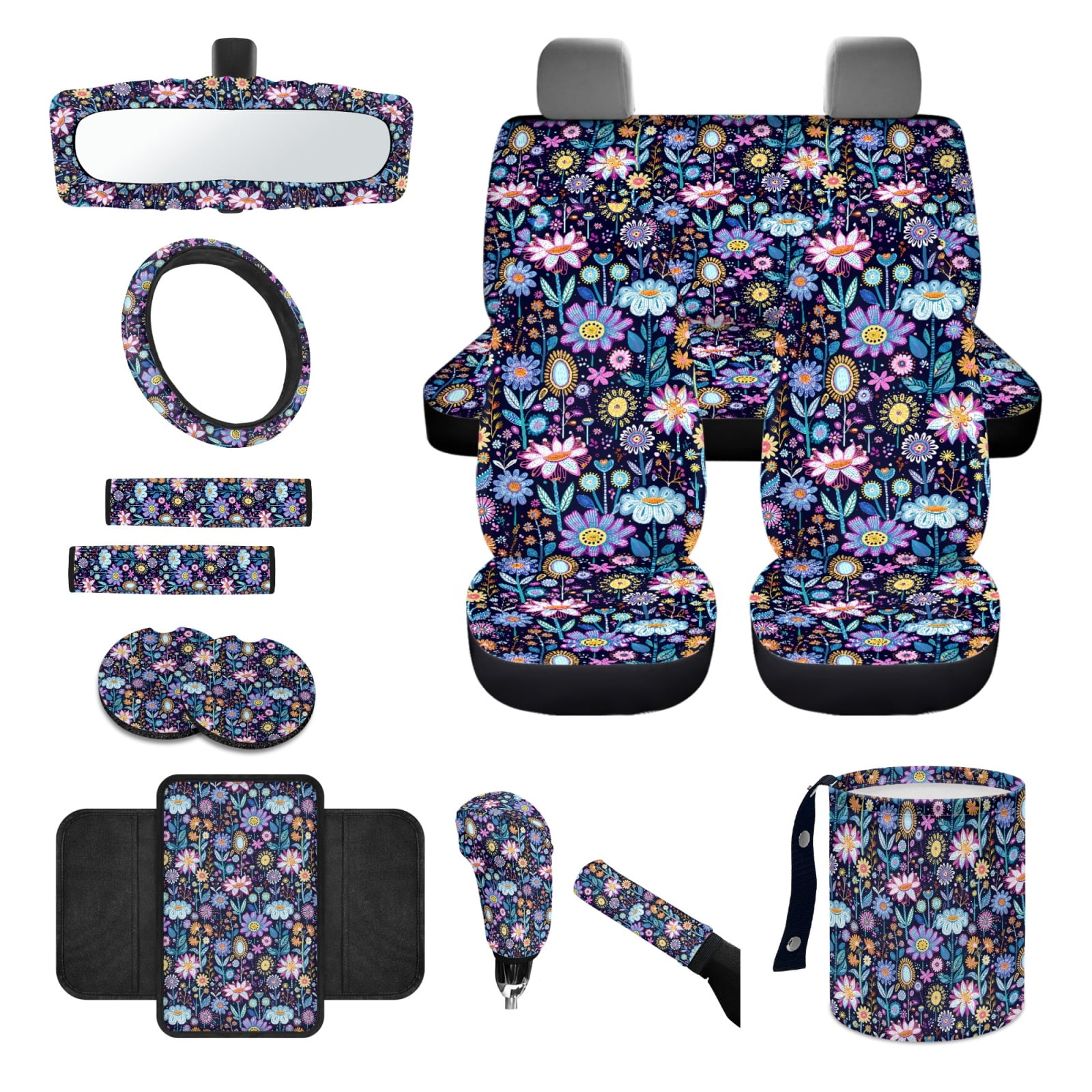 Yuyamidu Colorful Flower Car Seat Covers with Steering Wheel Cover Seat Belt Pads Coasters Waste Bin Armrest Cover Cup Holders Rearview Mirror Cover Handbrake Cover Set 14pcs Auto Accessories