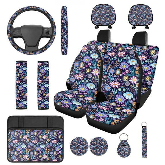 Yuyamidu Colorful Flower Front Back Car Seat Covers Full Set of 14 Purple Steering Wheel Cover Center Console Cover Seat Belt Cover Headrest Covers Key Ring Coasters Auto Accessories