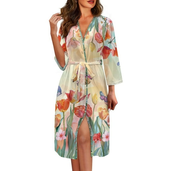 Yuyamidu Colorful Flower Robe Butterfly Long Gowns for Women Sleepwear Ladies Kimono Dress Lightweight Long Sleeve Bathrobe for Girls Teens Casual Nightgown Sleepwear Size S