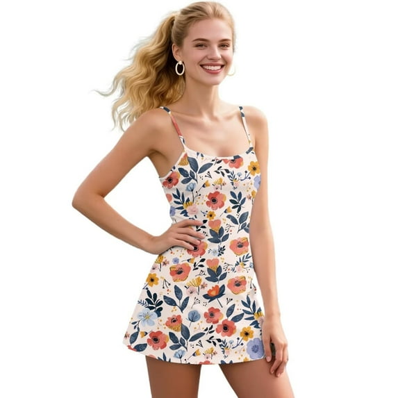 Yuyamidu Colorful Flowers Women's Workout Golf Dress Built-in Shorts with Pockets Fall Summer Sleeveless Open Back Tennis Dresses 2 Piece Sets Outfits Size L