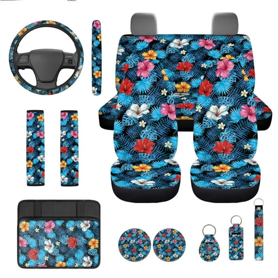 Yuyamidu Colorful Hibiscus Car Seat Covers Full Set Tropical Steering Wheel Cover Safe Belt Pads Car Center Console Cover Lipstick Sleeve Pouch Auto Coasters Keychain, 13 pcs Set