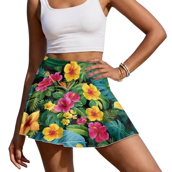 Yuyamidu Colorful Hibiscus Golf Skirts for Women Palm Leaves Women's Athletic Skirt Casual Stylish Tennis Skorts for Woman Skirts with Shorts Size 2XL
