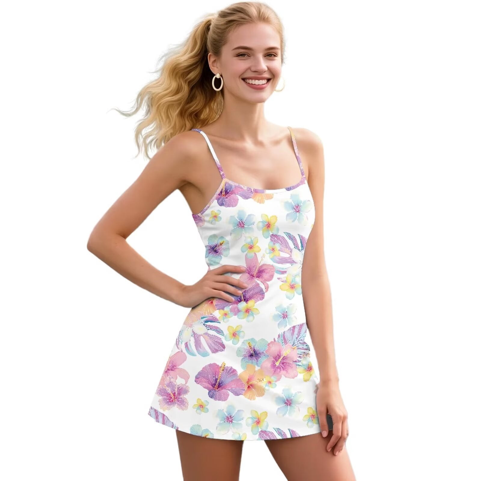 Yuyamidu Colorful Hibiscus Womens Tennis Dress Summer Golf Dress with Built in Shorts Palm Leaves Sleeveless Workout Athletic Dresses with Pocket Size S