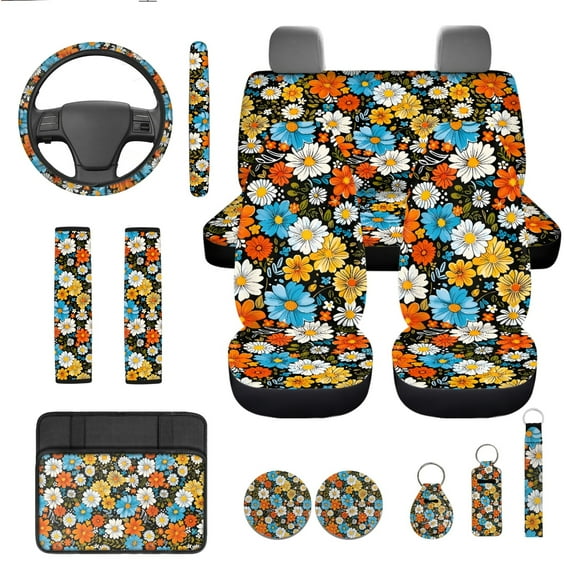 Yuyamidu Colorful Hippie Flowers Car Seat Cover Full Set of 13 Floral Steering Wheel Cover Seat Belt Cover Coaster Center Console Cover Lipstick Holder Key Chain Auto Interior Sets