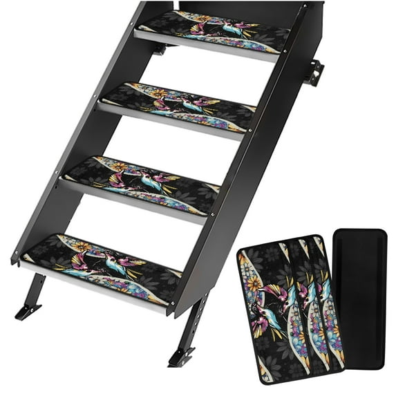 Yuyamidu Colorful Hummingbird RV Step Covers RV Accessories for Inside Flower RV Step Rugs 4 Pack RV Stair Covers Non-Slip RV Stair Carpet for Travel Trailers, Camper