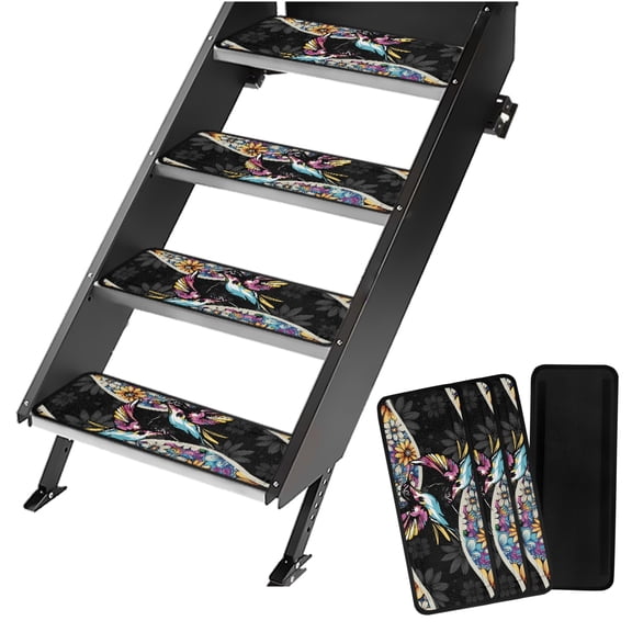 Yuyamidu Colorful Hummingbird RV Step Covers RV Accessories for Inside Flower RV Step Rugs 4 Pack RV Stair Covers Non-Slip RV Stair Carpet for Travel Trailers, Camper