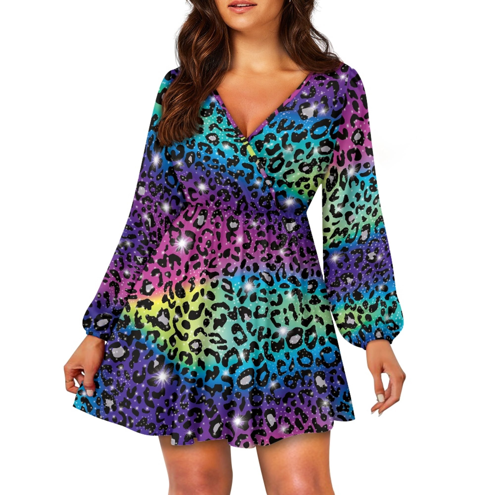 Yuyamidu Colorful Leopard Print Long Sleeve Dresses for Women V Neck Dress  Formal A Line Midi Dress Party Dress Trendy Elastic Waist Swing Dress  Women's Casual Dresses Size XL - Walmart.com