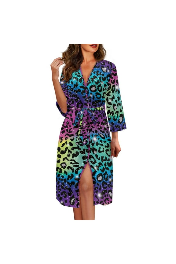 Colorful Leopard Print Womens Robes Comfy V-Neck Bathrobe Fashion Long Sleeve Gowns for Women Sleepwear Casual Housecoat Sexy Pajama Nightgown Size S
