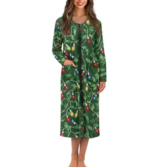 Yuyamidu Colorful Light Front Zipper Bathrobe for Plus Size Women After Shower Bath Robes Green Long Sleeve Nightgowns Dress Size XL Christmas Robe with Pockets