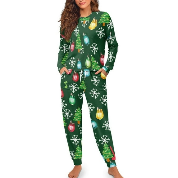 Yuyamidu Colorful Light Long Sleeve Pajamas Pants Matching Set of 2 Snowflake Sleepwear for Women Soft Pj Top Jogger Pants Size L Green Christmas Night Clothes