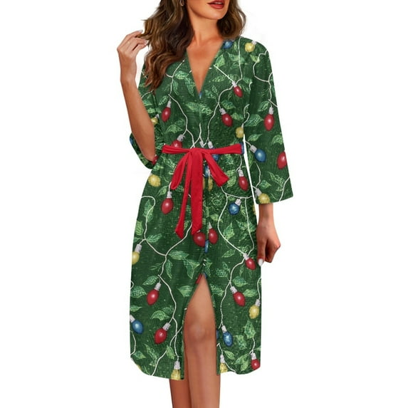 Yuyamidu Colorful Light Robes for Women Christmas Robe Lingerie Xmas Bathrobe Green Nightgown Sleepwear Soft Loungewear Loose Fit 3/4 Sleeves Sleep Dress Size M
