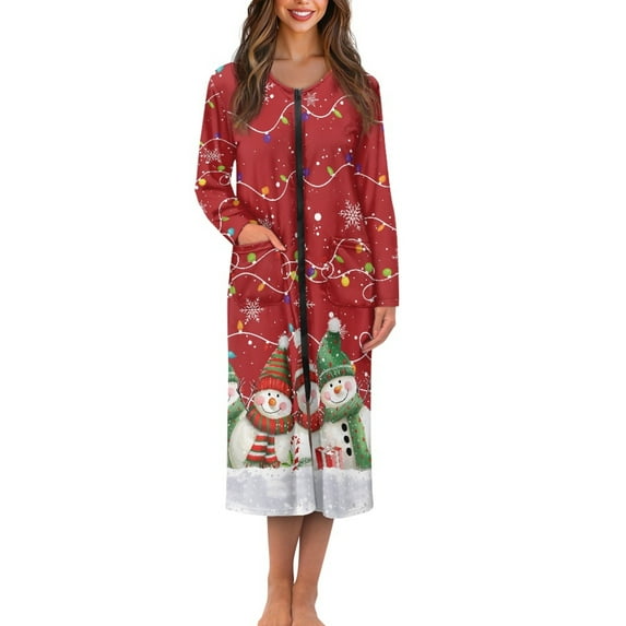 Yuyamidu Colorful Light Women's Bathrobe Zipper Front Bath Robes Christmas Long Sleeve Robe Size 2XL Snowman Night Gowns for Ladies Mid-Length Dressing Gown, Red