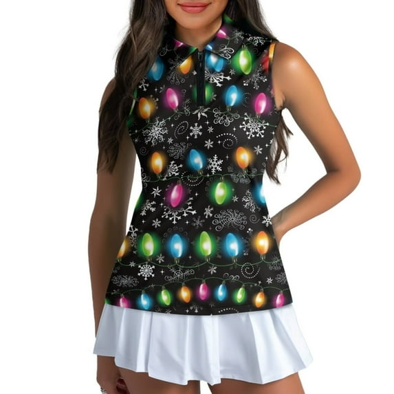 Yuyamidu Colorful Lights Women's Quarter Zip Golf Shirt Snowflake Sleeveless Athletic Tennis Shirts Christmas Workout Outfits Size S