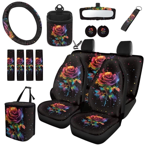 Yuyamidu Colorful Rose Car Seat Covers Front Back Seat Cover Set with Car Steering Wheel Cover Safe Belt Pads Coasters Garbage Can Rear View Mirror Cover Keychain Air Vent Storage Bag 15 PCS