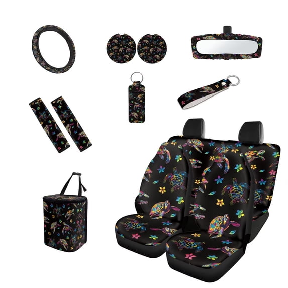 Yuyamidu Colorful Sea Turtle Car Interior Accessories Full Set Car Seat Covers Steering Wheel Cover Hibiscus Seat Belt Cover Trash Bag Rearview Mirror Cover Coasters Lipstick Covers for Sedans SUVs