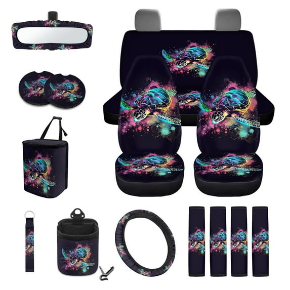 Yuyamidu Colorful Sea Turtle Car Seat Covers Set 15 PCS Car Front Rear Seat Cover Steering Wheel Cover Seat Belt Covers Trash Bin Air Vent Storage Bag Rear View Mirror Cover Coasters Key Chain