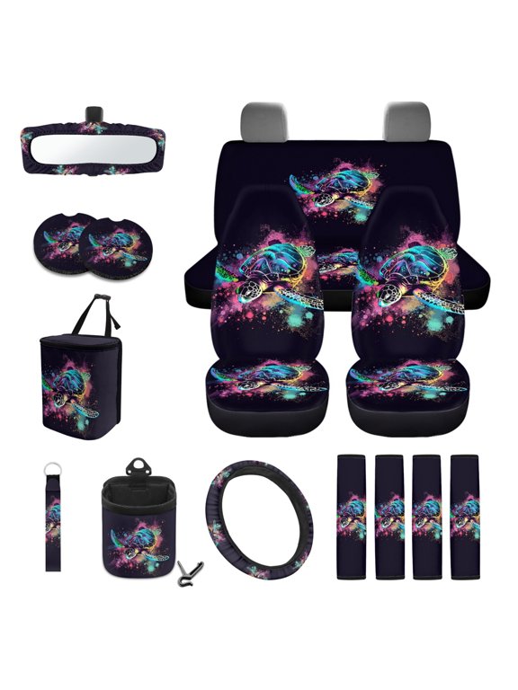 Colorful Sea Turtle Car Seat Covers Set 15 PCS Car Front Rear Seat Cover Steering Wheel Cover Seat Belt Covers Trash Bin Air Vent Storage Bag Rear View Mirror Cover Coasters Key Chain