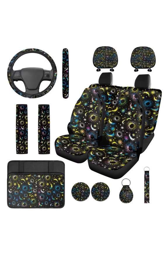 Colorful Sun and Moon Car Seat Cover Full Set Fashion Steering Wheel Cover Seatbelt Pads Cup Coaster Car Armrest Cover Headrest Covers Key Ring, Set of 14