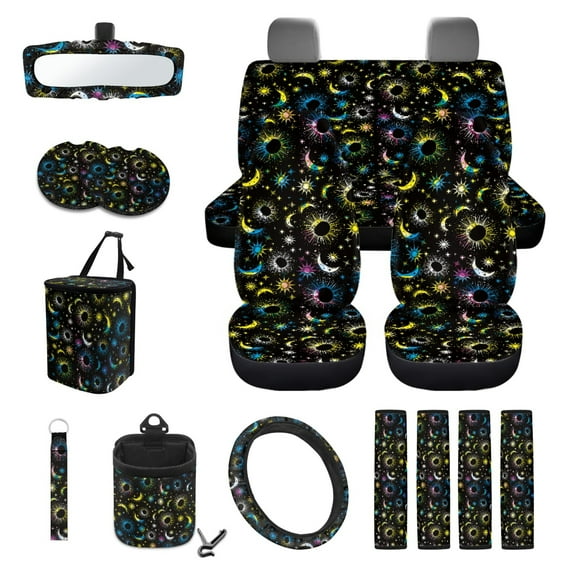 Yuyamidu Colorful Sun and Moon Car Seat Cover Full Set with Steering Wheel Cover Seat Belt Strap Pads Car Coasters Trash Bag Auto Air Vent Storage Holder Rearview Mirror Cover Keychain 15 Pcs