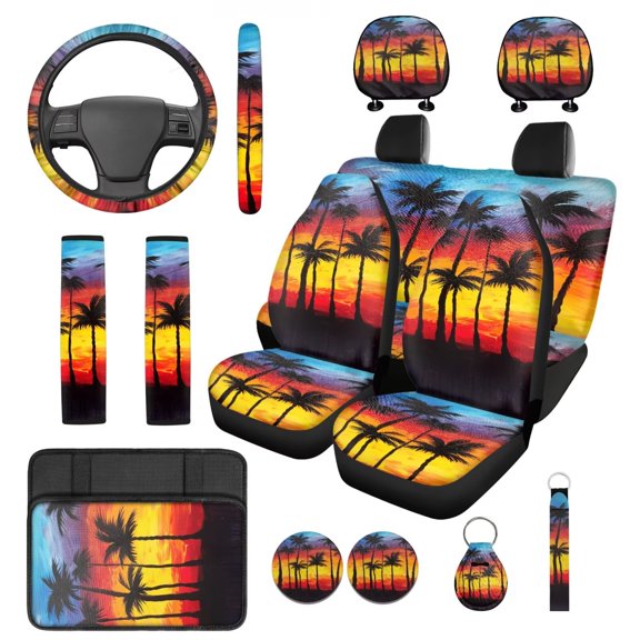 Yuyamidu Colorful Sunset Car Front Back Seat Covers Full Set of 14 Coconut Tree Steering Wheel Cover Armrest Pad Seatbelt Pads Headrest Covers Coasters Keychain Car Accessories