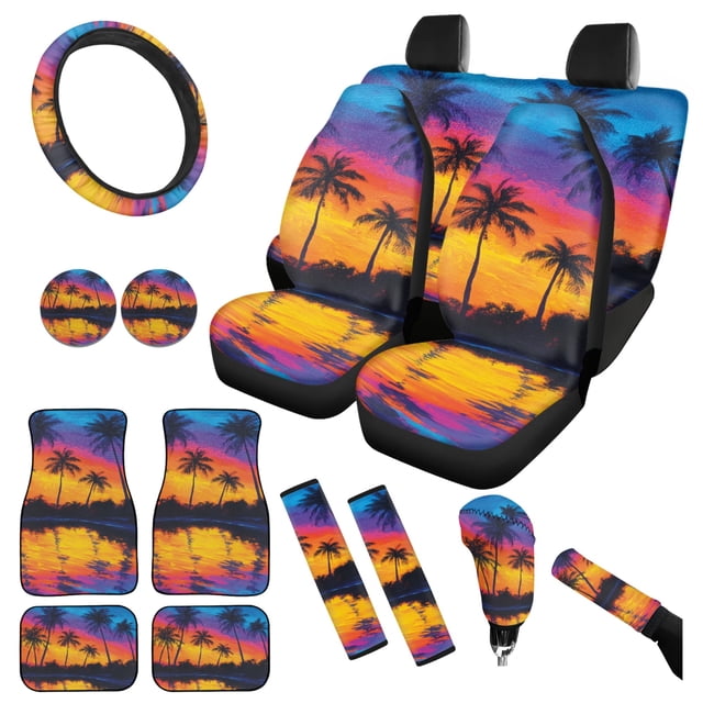 Yuyamidu Colorful Sunset Car Seat Covers Full Set of 15 Coconut Tree Car Floor Mats Steering Wheel Cover Seat Belt Pads Handbrake Cover Set Coasters Fit for SUV Van Truck