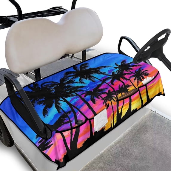 Yuyamidu Colorful Sunset Golf Cart Seat Covers with 4 Front Pockets Coconut Tree Golf Cart Seat Towel Blanket for 2-Person Heavy Duty Comfortable Club Car Golf Cart Accessories