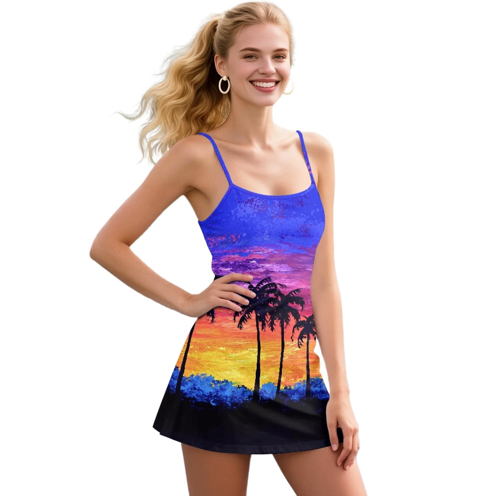 Yuyamidu Colorful Sunset Tennis Dresses for Women Size L Coconut Tree Womens Athletic Dress Golf Workout Sports Sleeveless Mini Dress Built in Shorts with Pocket