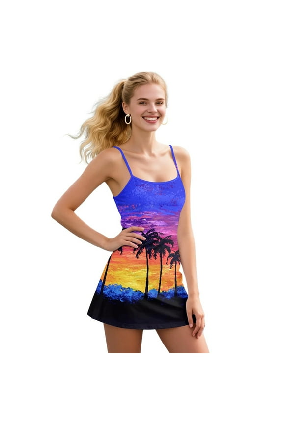 Colorful Sunset Tennis Dresses for Women Size S Coconut Tree Womens Athletic Dress Golf Workout Sports Sleeveless Mini Dress Built in Shorts with Pocket
